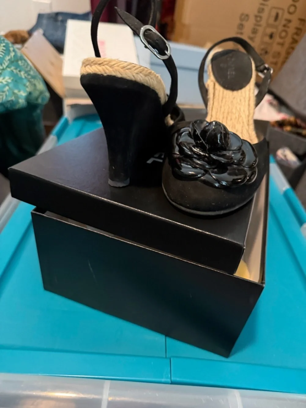 CHANEL Velvet Patent Camellia Espadrilles Wedge Sandals 37 Black